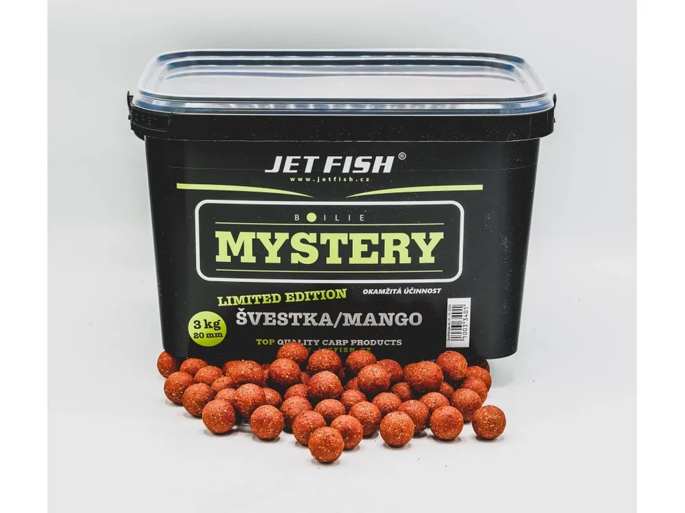 Hit Sezóny Jet Fish Mystery boilie 3kg - 20mm Švestka / Mango - Box