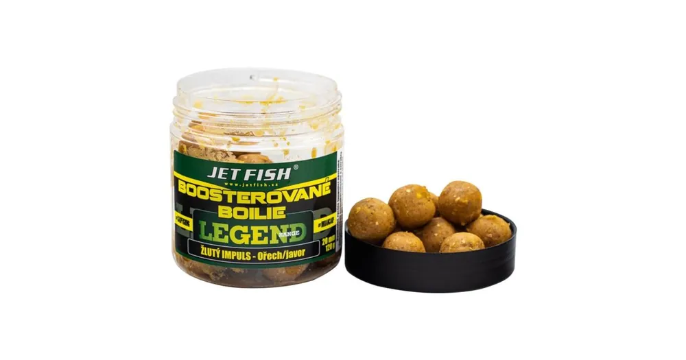 Cenově Výhodný Jet Fish Boosterované boilie Legend Žlutý impuls + Ořech/Javor 250ml 20mm