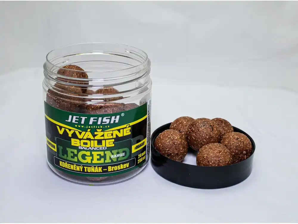 Novinka 250ml-24mm Legend range Vyvážené boilie : KOŘENĚNÝ TUŇÁK - BROSKEV